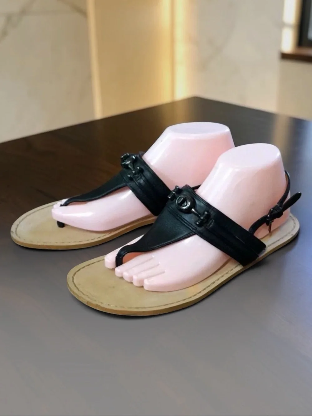 Coach Candice Turnlock Black Leather T-Strap Thong Sandal With Small Heal